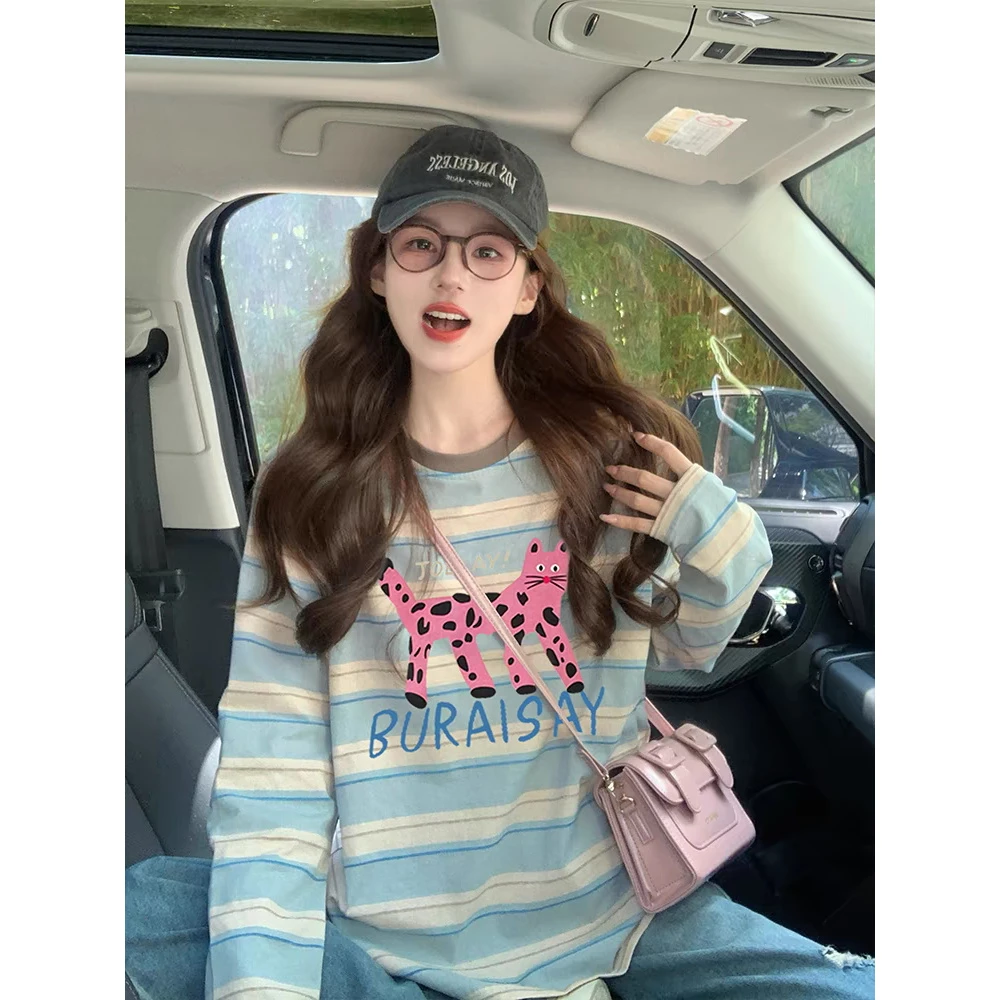 卡通撞色条纹长袖t恤女新款秋季美式复古猫咪慵懒风洋气宽松上衣