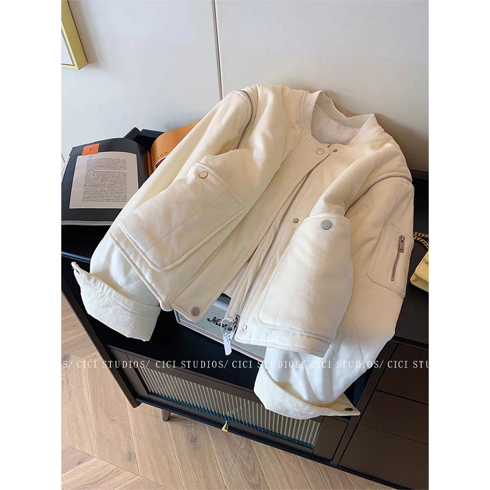 米白色绒面厚实夹棉棉服女冬季2025新款休闲美式高级感保暖短外套