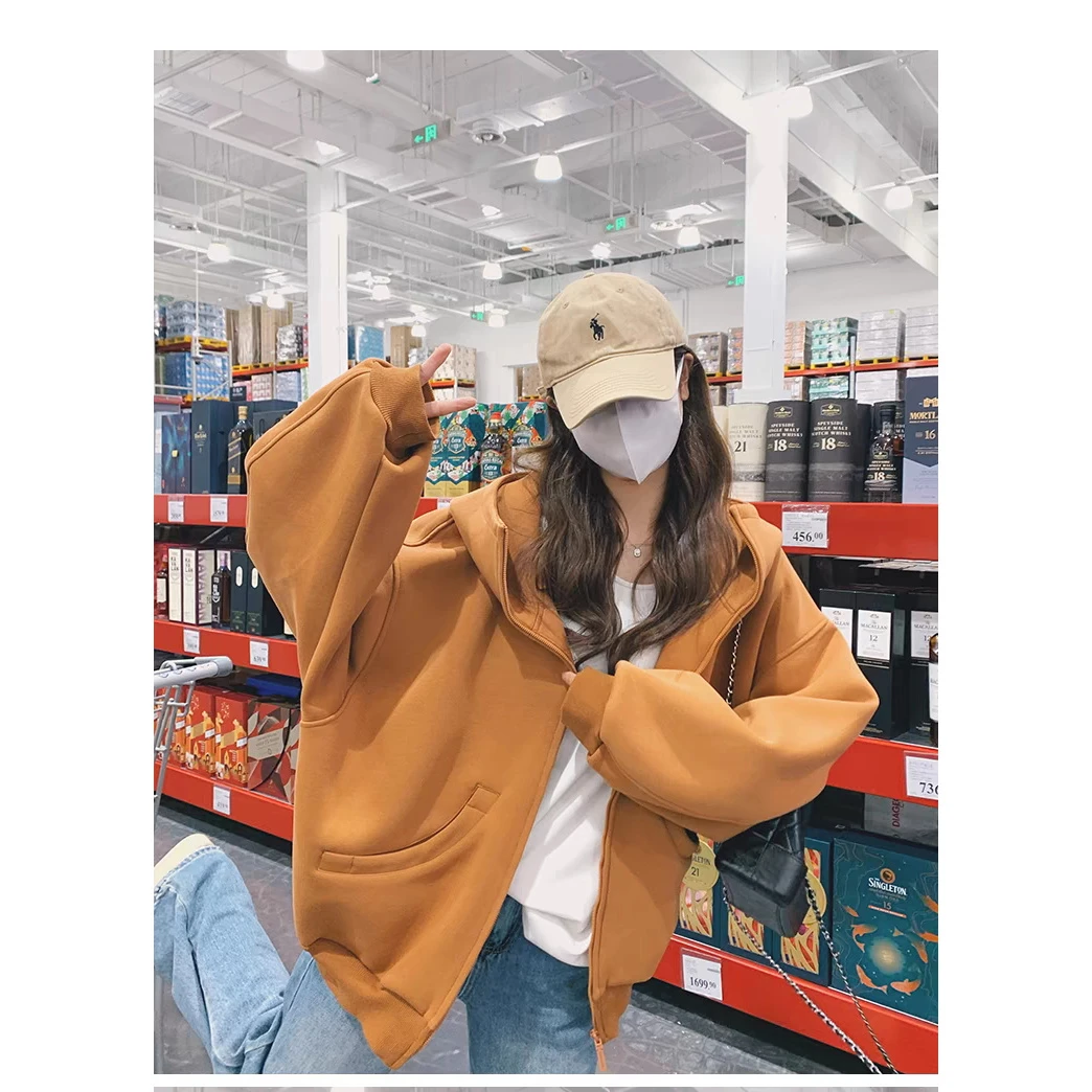 南瓜色加厚连帽卫衣外套女秋冬新款宽松显瘦慵懒风拉链开衫