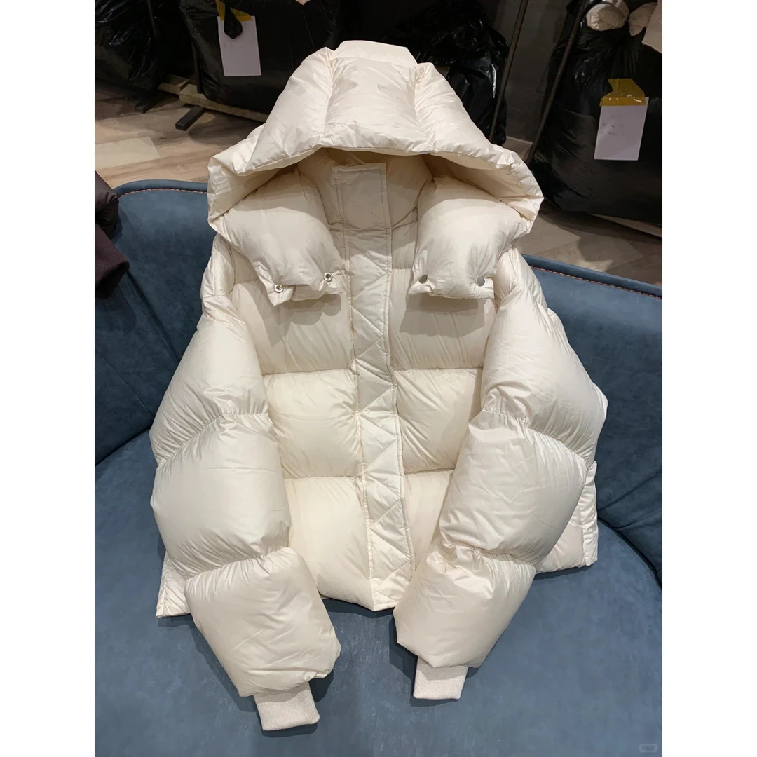 欧货白色连帽棉服女冬季高级感加厚夹棉面包服小个子短款外套