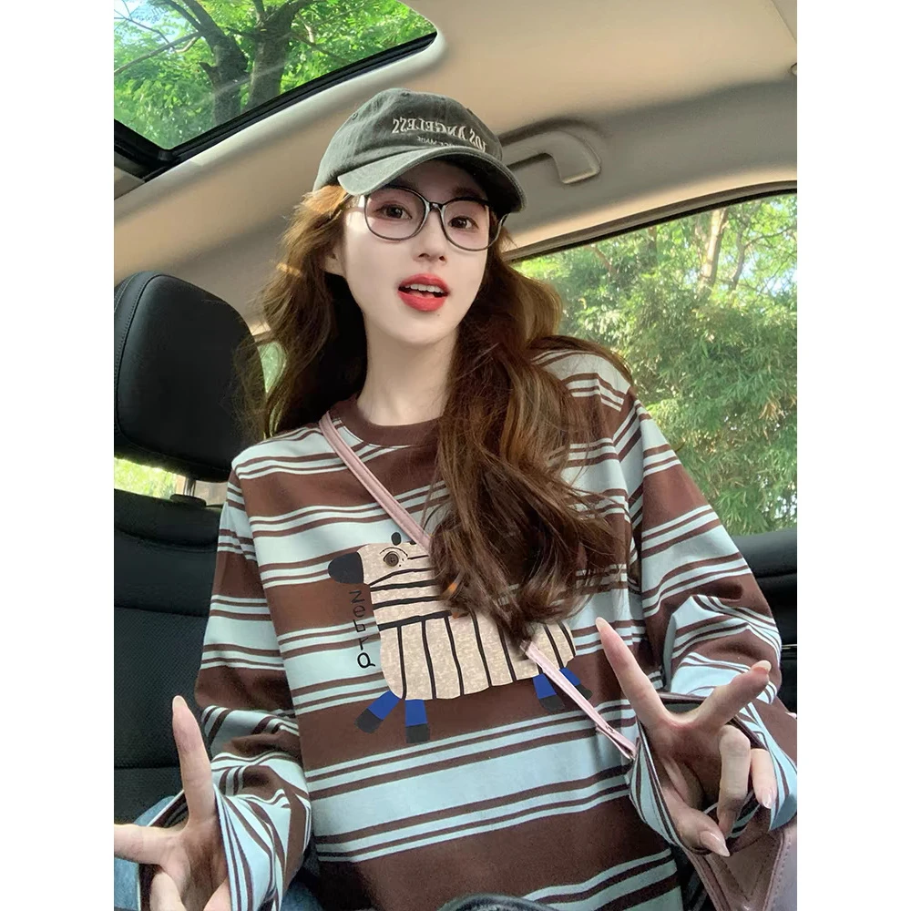 彩色条纹卡通长袖t恤女新款早秋美式宽松设计感洋气减龄衣服上衣