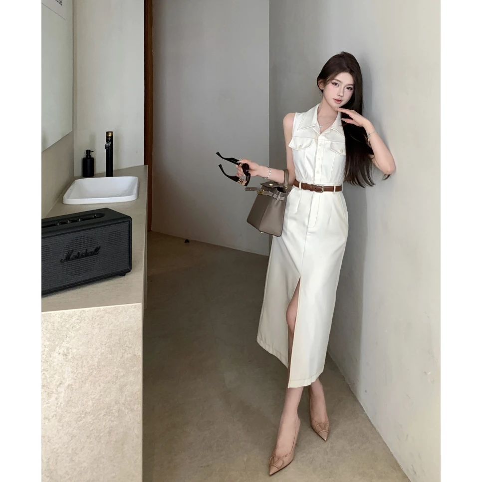 韩版小众收腰气长裙子质2025夏季新款时尚无袖显瘦工装衬衫连衣裙