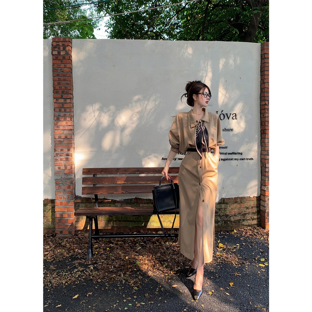 休闲设计感秋季高级感立领风衣连衣裙女法式宽松气质时尚收腰外套