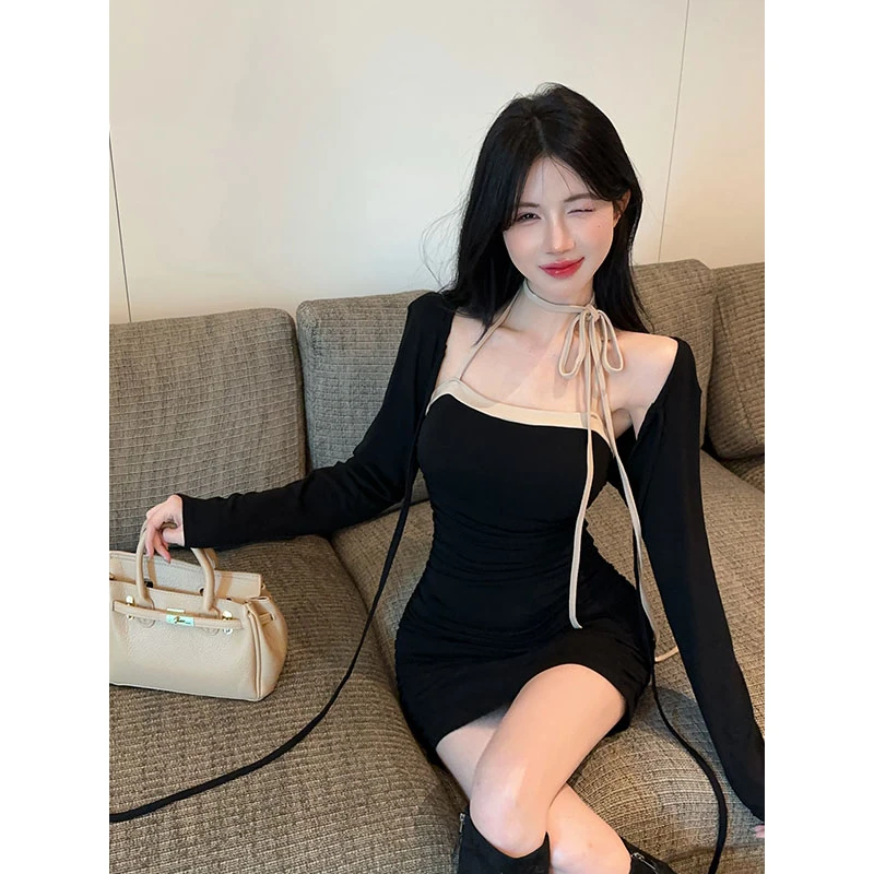 韩版小众拼色系绳多种穿法包臀吊带连衣裙+长袖短款上衣两件套女