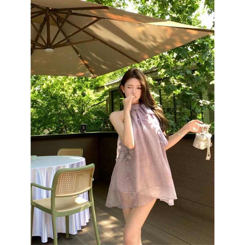 花朵氛围感浪漫紫色连衣裙法式洋气减龄百搭设计感女夏2025年短裙