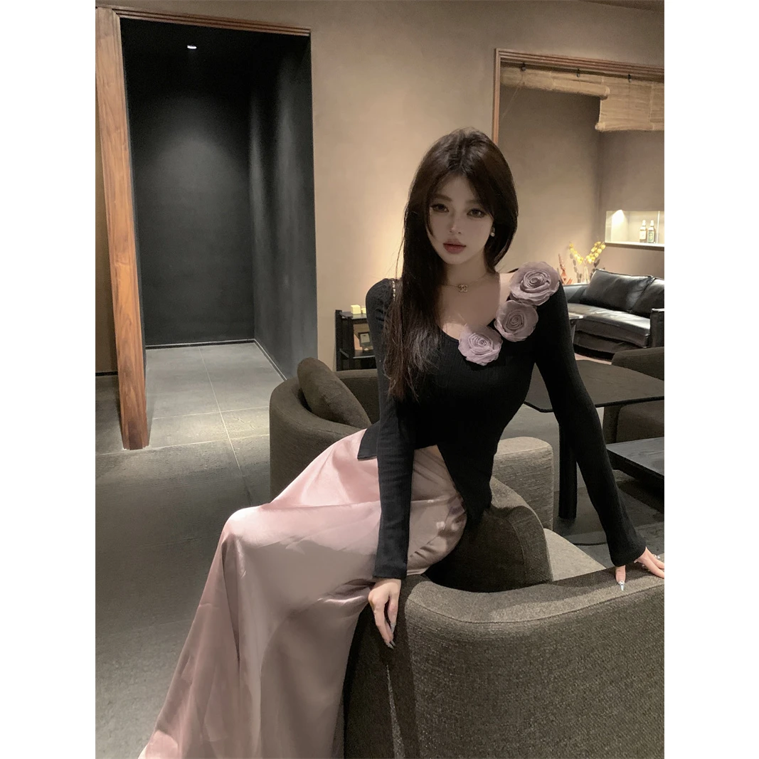 法式别致绝美重工玫瑰花V领上衣显瘦气质缎面半身裙时尚套装女秋