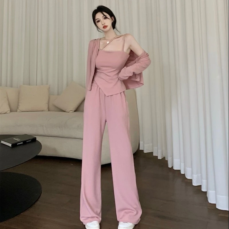 2025年春季新款开衫外套吊带阔腿裤子网红炸街辣妹风装女装