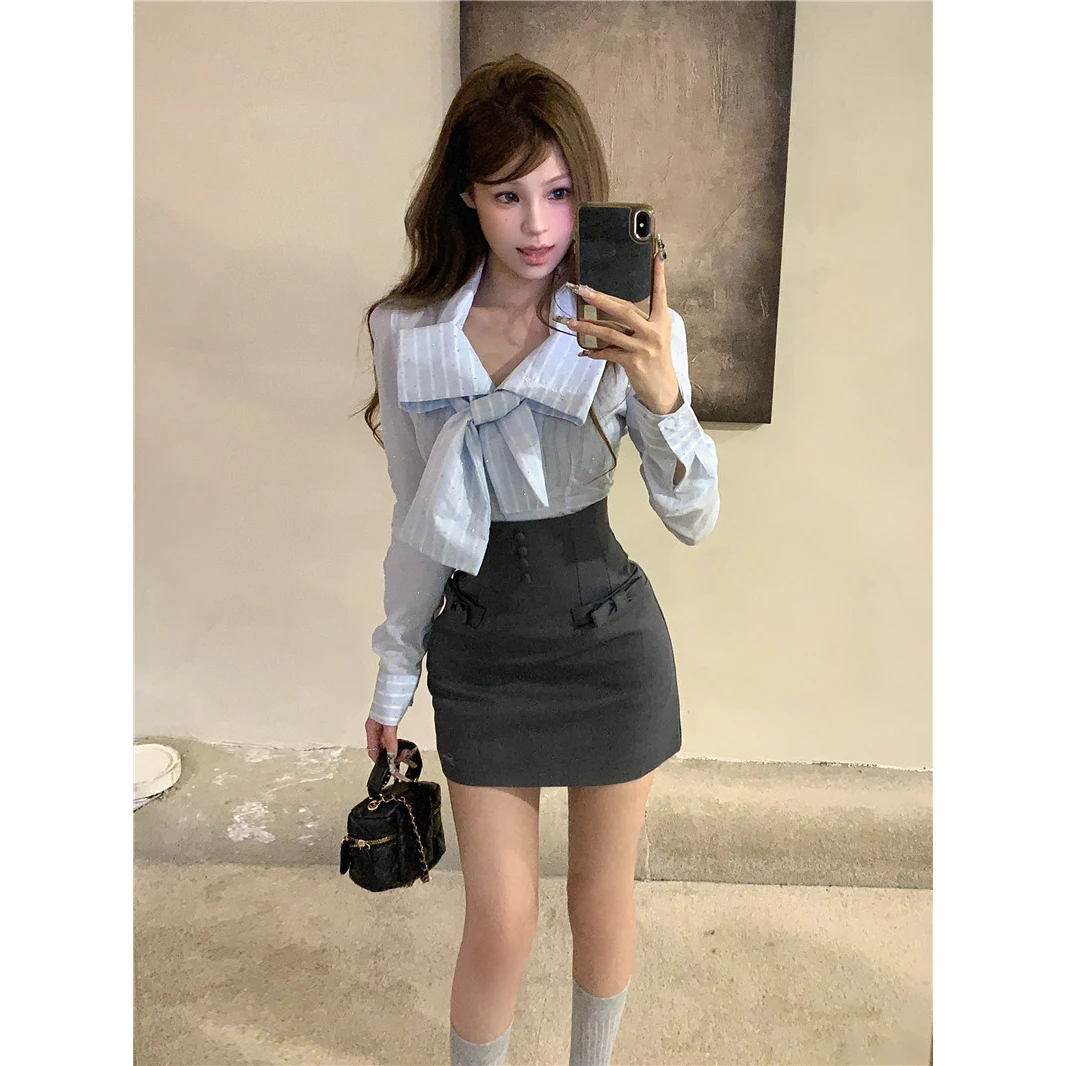 蝴蝶结闪钻甜美长袖衬衫显瘦学院风高腰千金修身蝴蝶结短裙包臀裙