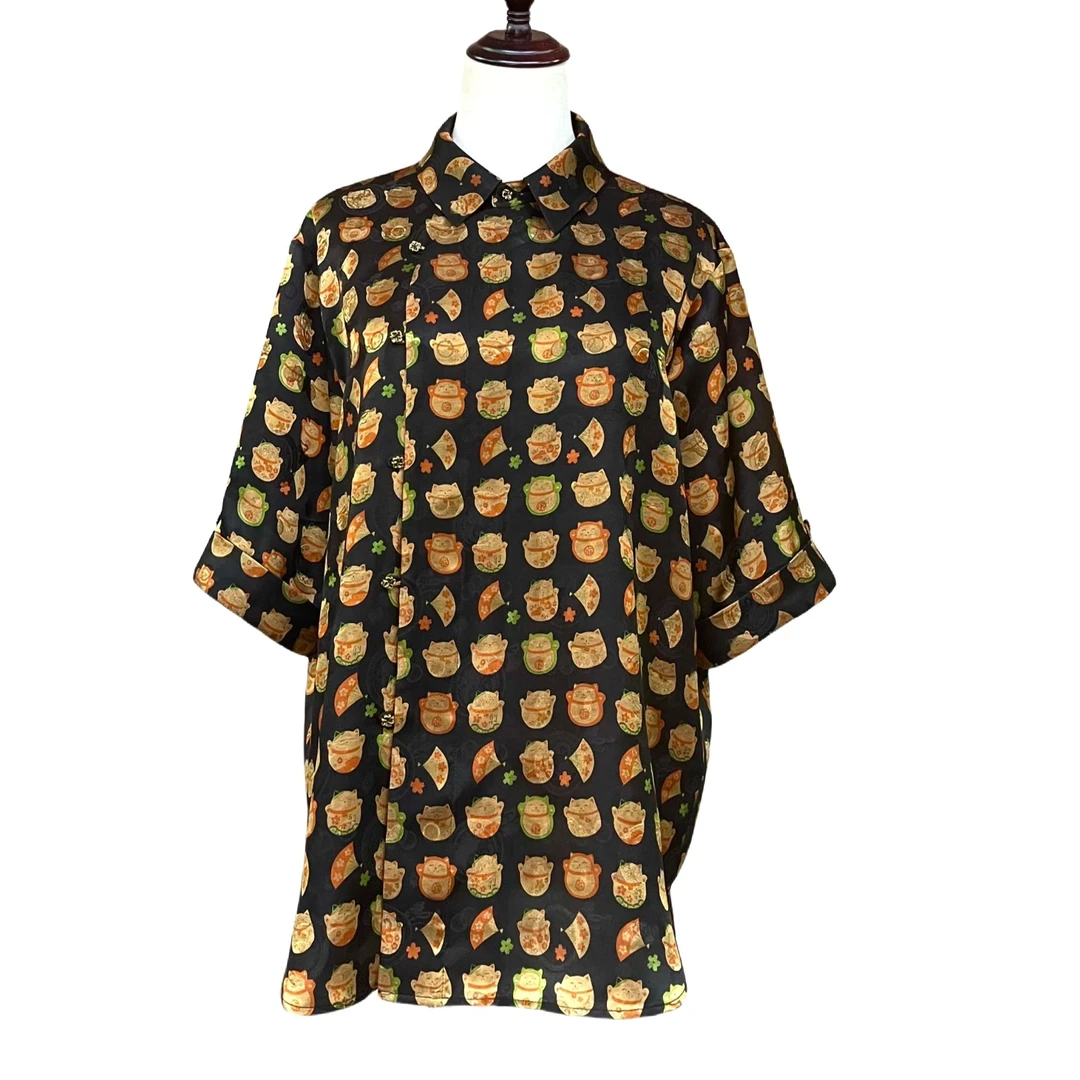 【禧禧家定制】招财猫香云纱花罗上衣J24265