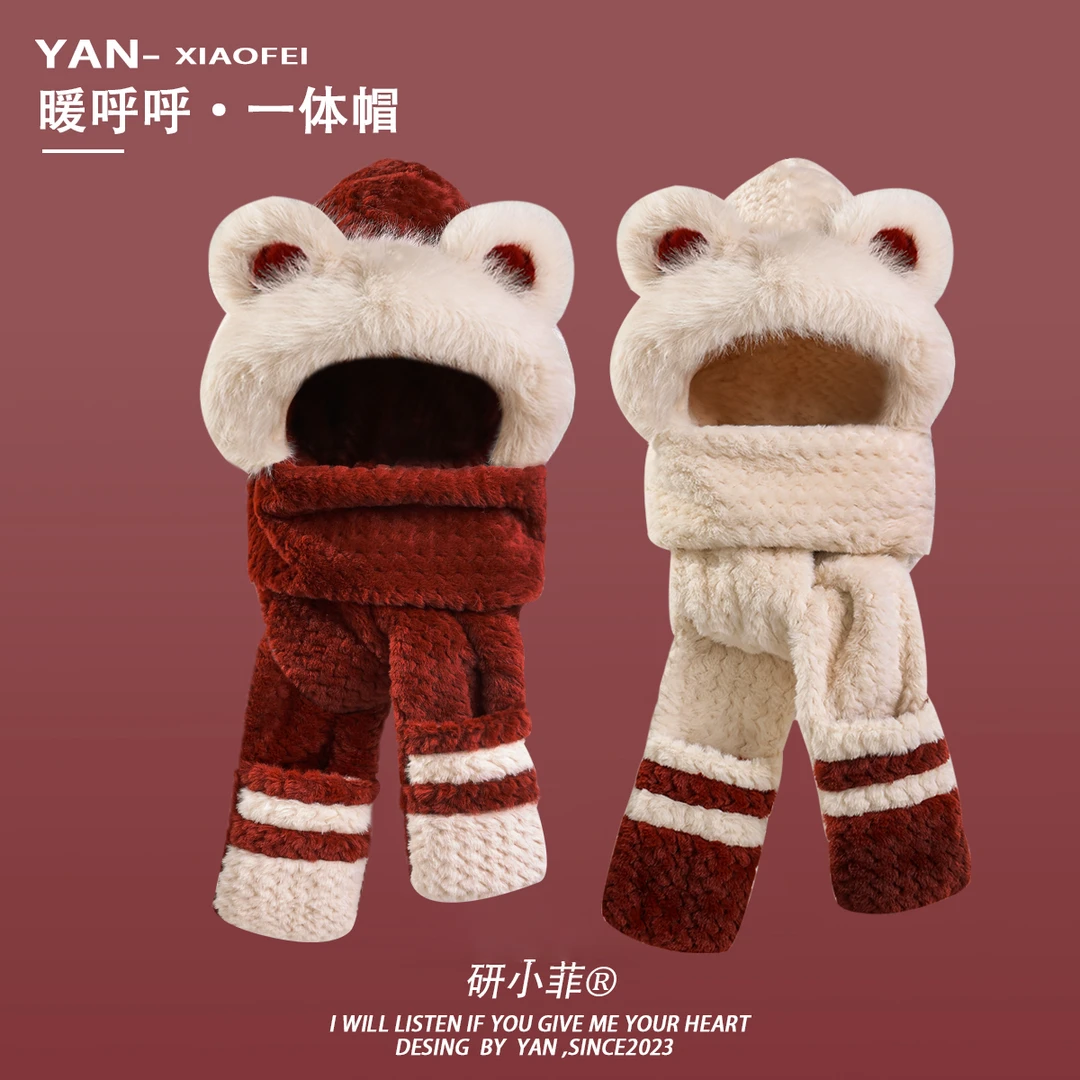 可爱小熊耳朵帽子围巾手套一体防寒保暖女秋冬加厚毛绒护耳骑车帽