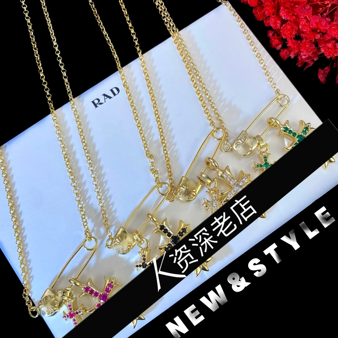 铜合金项链 KK 嘻哈朋克别针双吊坠潮流复古个性款~782