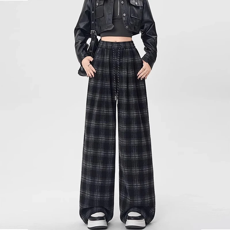 秋冬季加绒格子裤子女胖mm大码显瘦梨型身材高腰直筒阔腿毛呢长裤