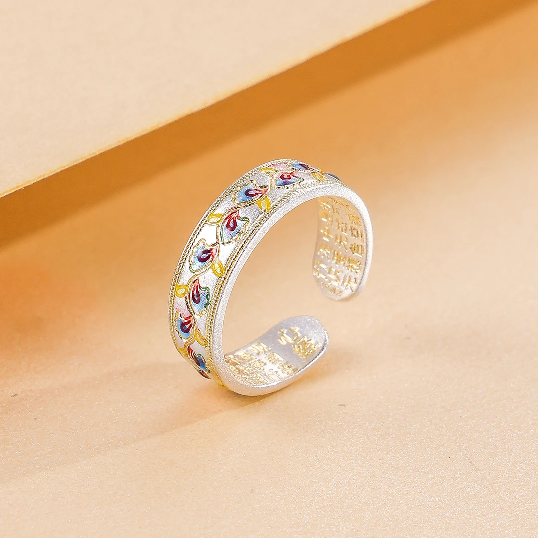 九乐 足银珐琅戒指 古法描金花瓣心经开口戒指