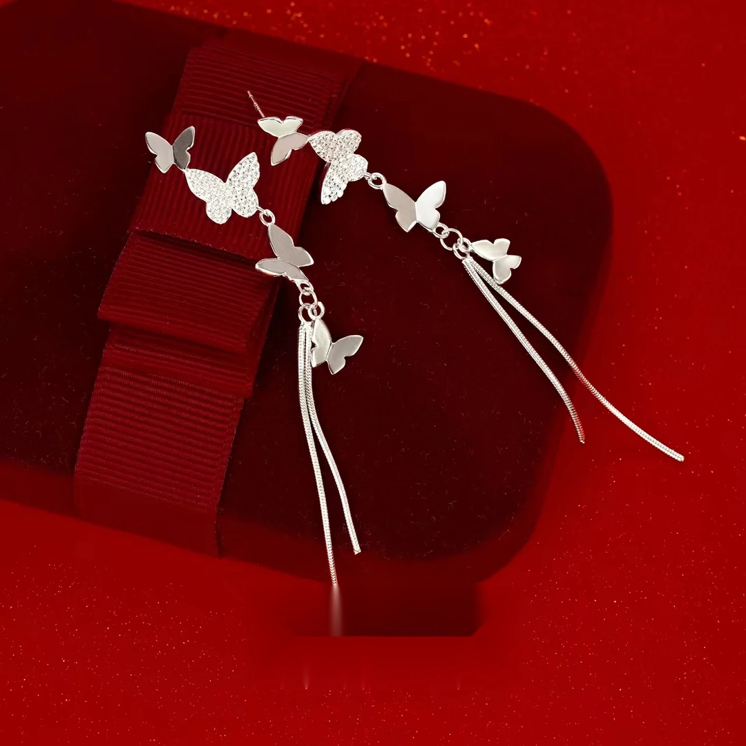 九乐 925银合成锆石耳饰 锆石蝴蝶蛇骨流苏耳钉高级感轻奢