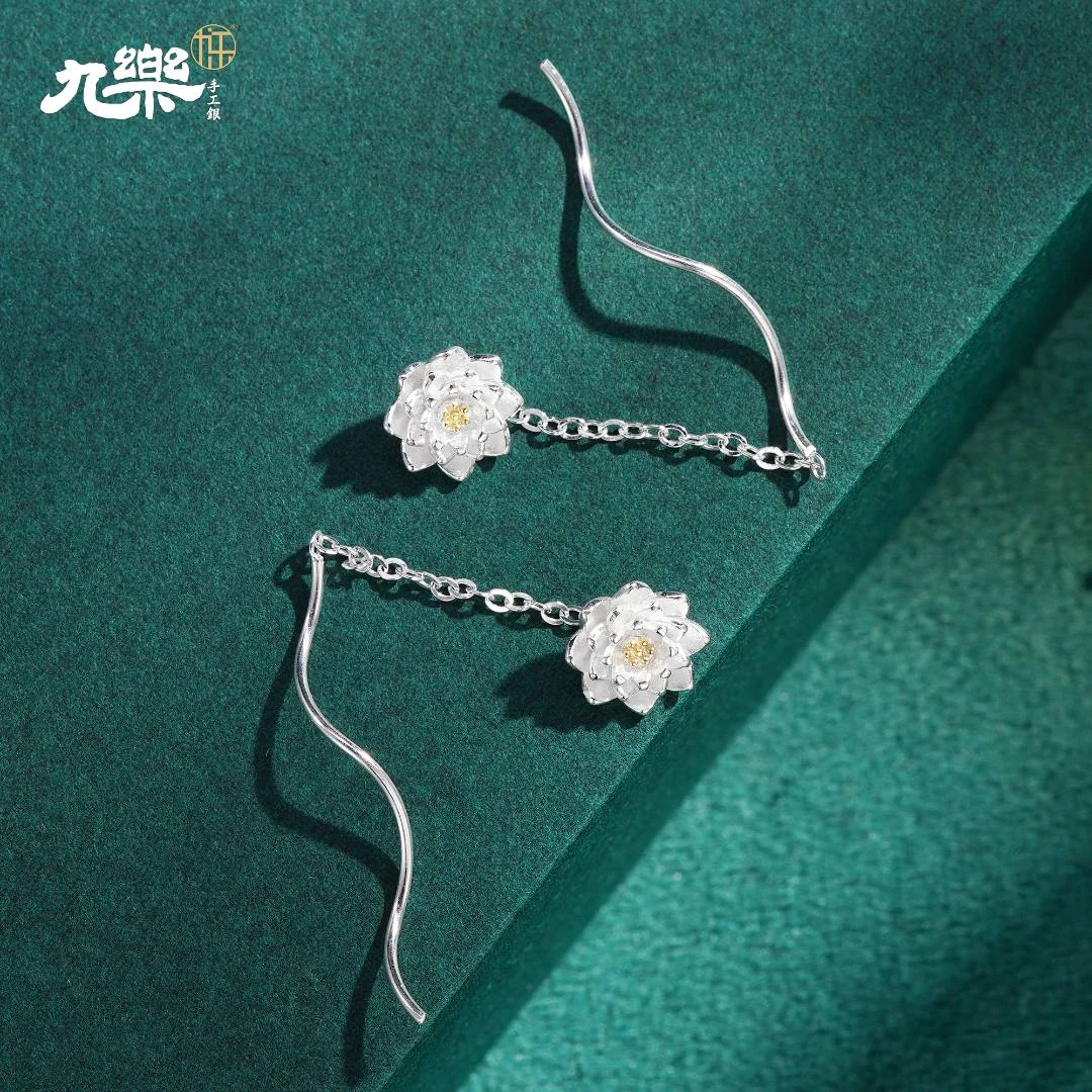 925银耳饰 时尚简约耳饰黄蕾莲花波浪耳线长耳环【五金女孩】小清新