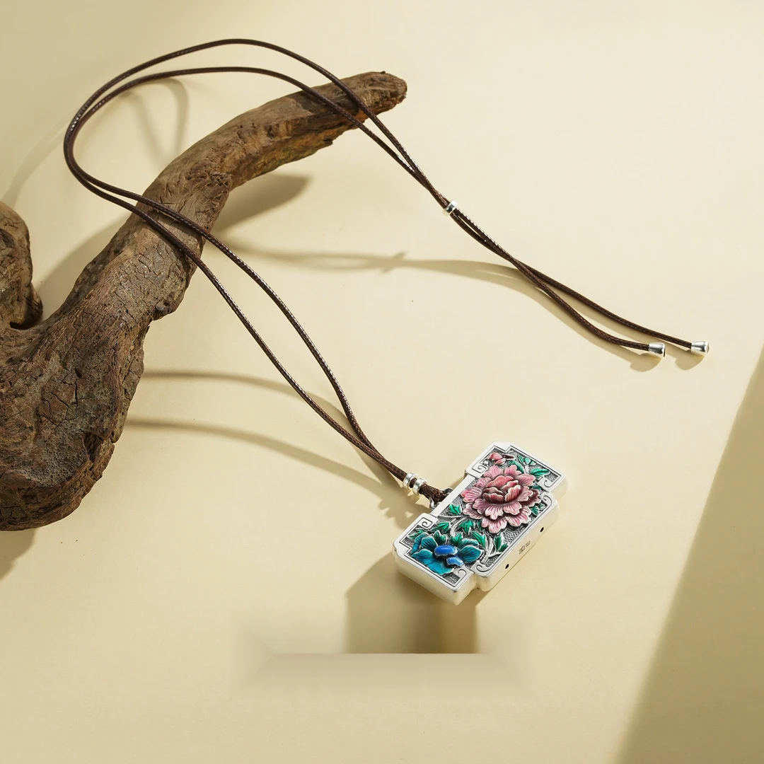 九乐 吊坠足银珐琅 珐琅牡丹锁绳链国风花开富贵古朴典雅项链