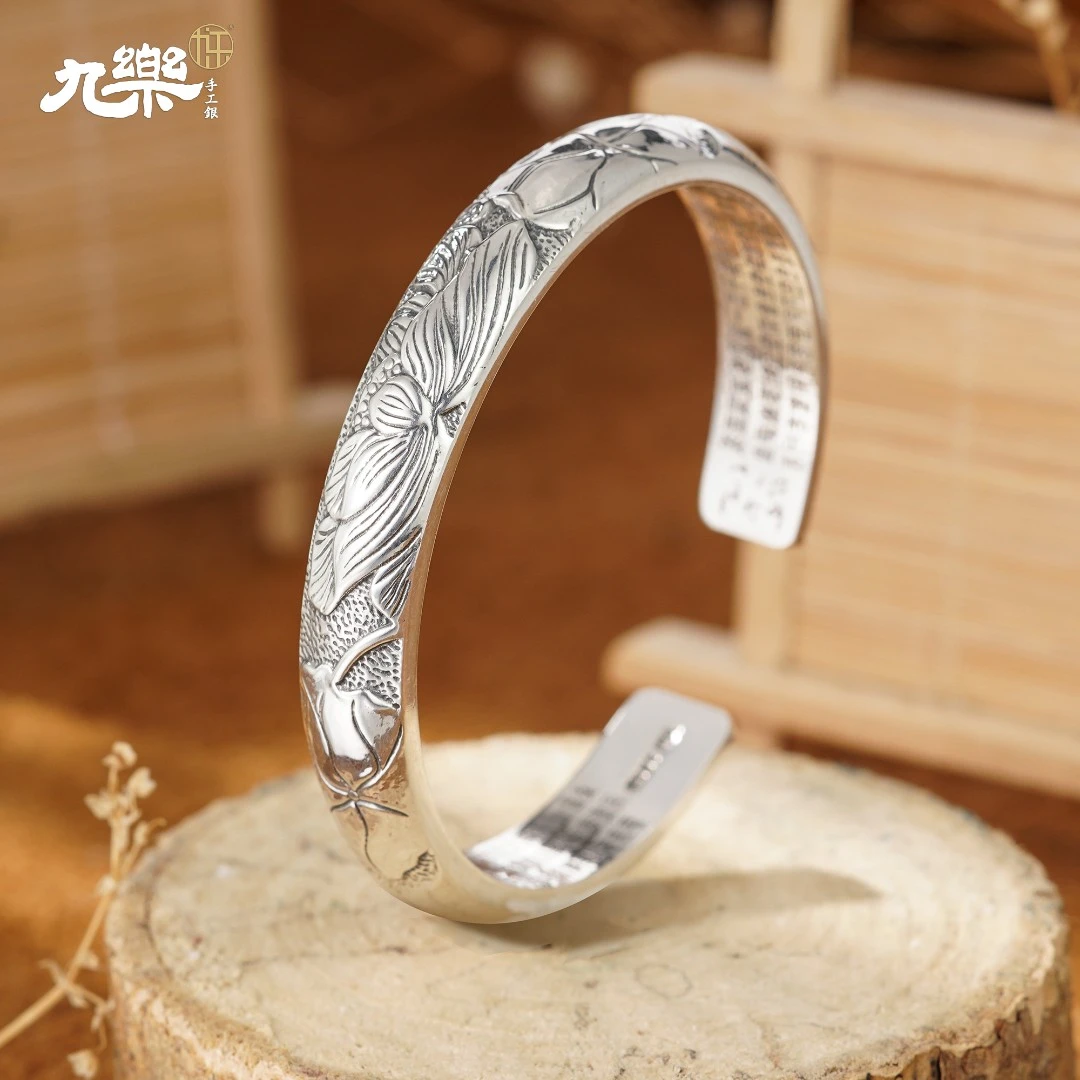 足银手镯 999古法浮雕莲花手镯复古深錾重工实心银镯子心经手镯女