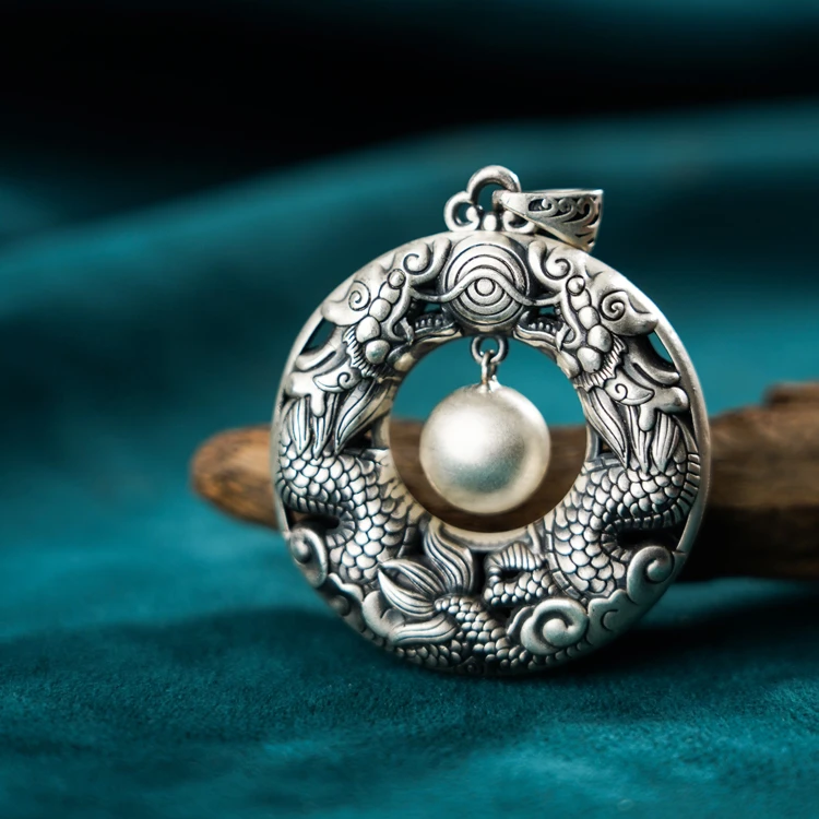 九乐 吊坠足银 九乐 吊坠足银 999双龙戏珠平安扣28g复古镂空吊坠