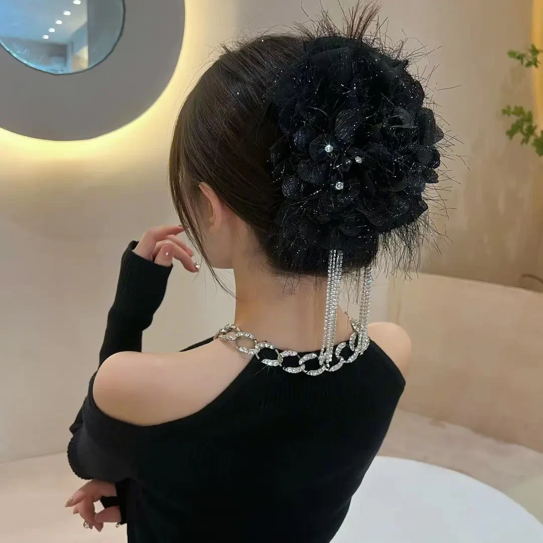 重工气质黑色复古亮丝蓬松花朵链条抓夹鲨鱼夹法式简约夹子