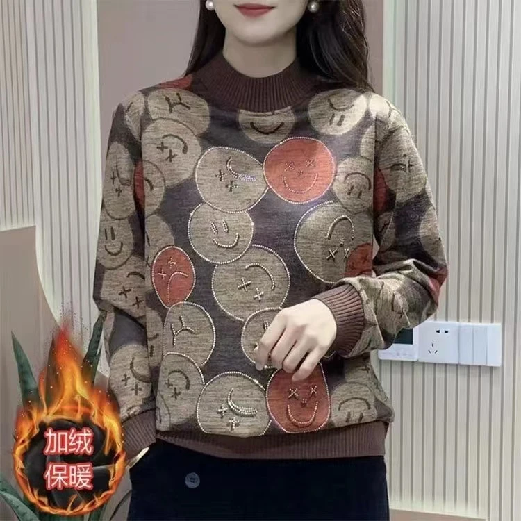 2023冬季新款妈妈装半高领打底衫时尚加绒加厚女士上衣宽松显瘦