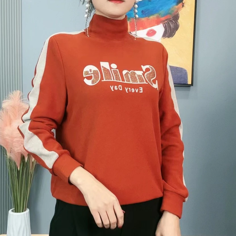 双面绒秋冬新品宽松打底衫加绒加厚镶钻保暖长袖T恤高领女上衣