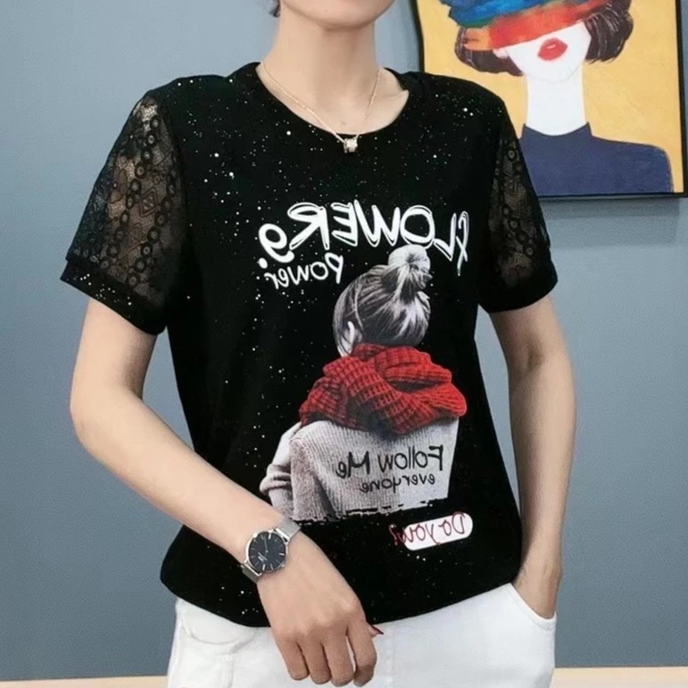 夏季新款短袖T恤女圆领印花蕾丝镶钻打底衫显瘦百搭休闲时尚上衣