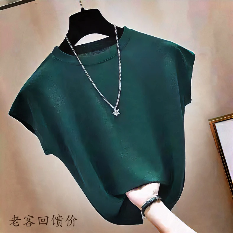 夏季上档次冰丝短袖T恤纯色无袖圆领打底衫女士T恤气质显瘦上衣