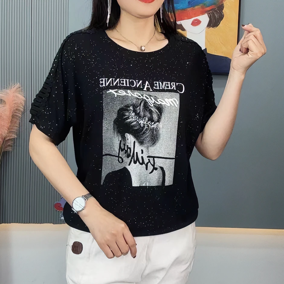 夏季新款中袖T恤女宽松圆领印花蝙蝠袖打底衫显瘦休闲舒适上衣