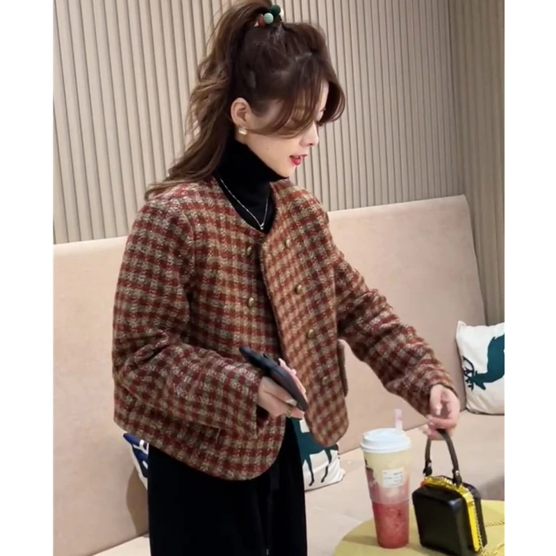 红色格子小香风短款外套女2023秋冬新款小个子高级感秋款外穿上衣