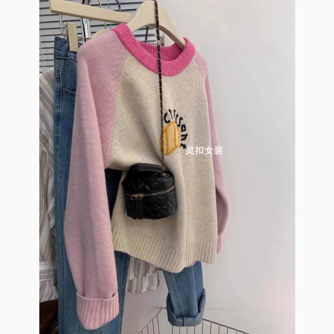 拼色卡通套头毛衣女2024秋冬新款外穿针织上衣慵懒风软糯羊绒衫潮