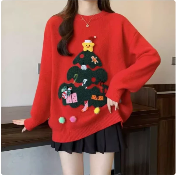 秋冬2025圣诞时尚穿搭新款红色新年战袍毛衣圆领百搭慵懒风上衣