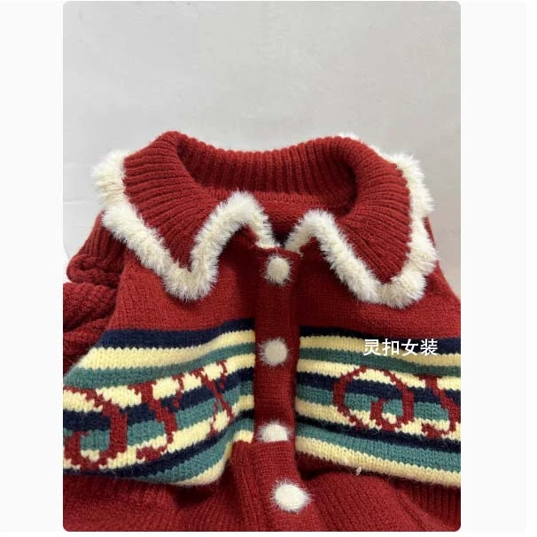 高级感红色翻领毛衣女秋冬新款本命新年软糯慵懒风百搭针织开衫