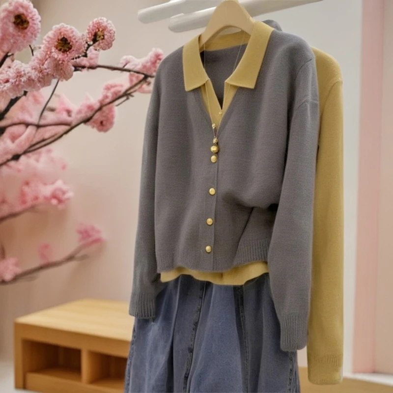 慵懒风秋季穿搭假两件撞色polo针织衫毛衣小香风灰色女士外套上衣