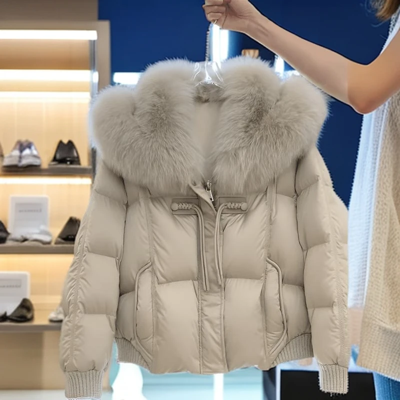 高级感超好看今年流行米灰色毛领棉服冬季新款加厚保暖面包服外套