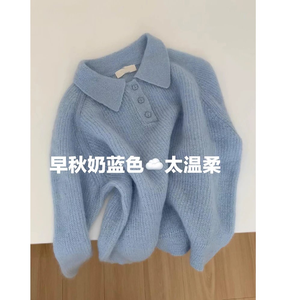 温柔系软糯针织开衫女秋冬2024新款慵懒设计感POLO领纽扣毛衣外套