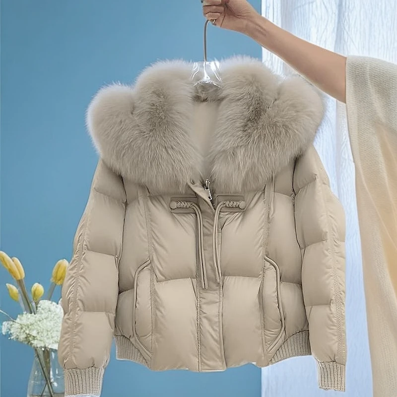 欧货高级感超好看今年流行米灰色毛领短款冬季加厚棉服外套女M968