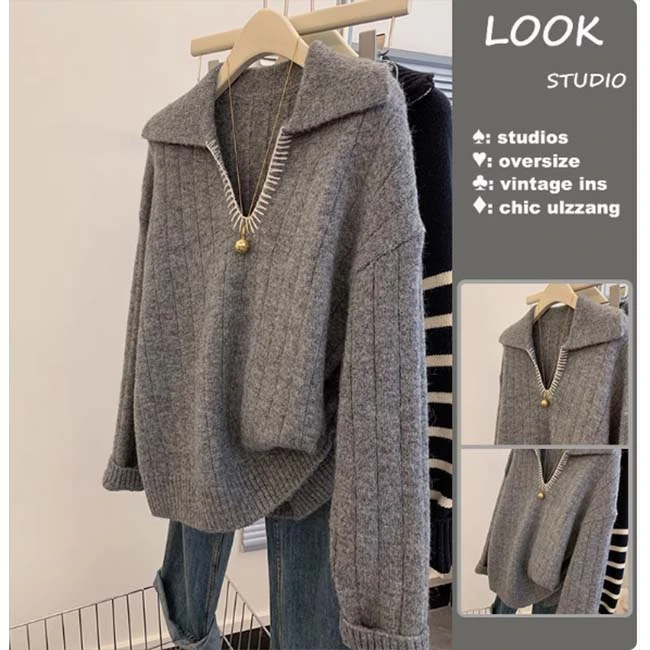 撞色V领毛衣秋2024时尚新款慵懒风复古设计感小众宽松针织衫上衣