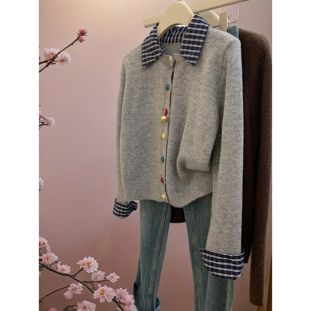 灰色假两件衬衫拼接针织开衫毛衣外套女小个子短款上衣设计感小众