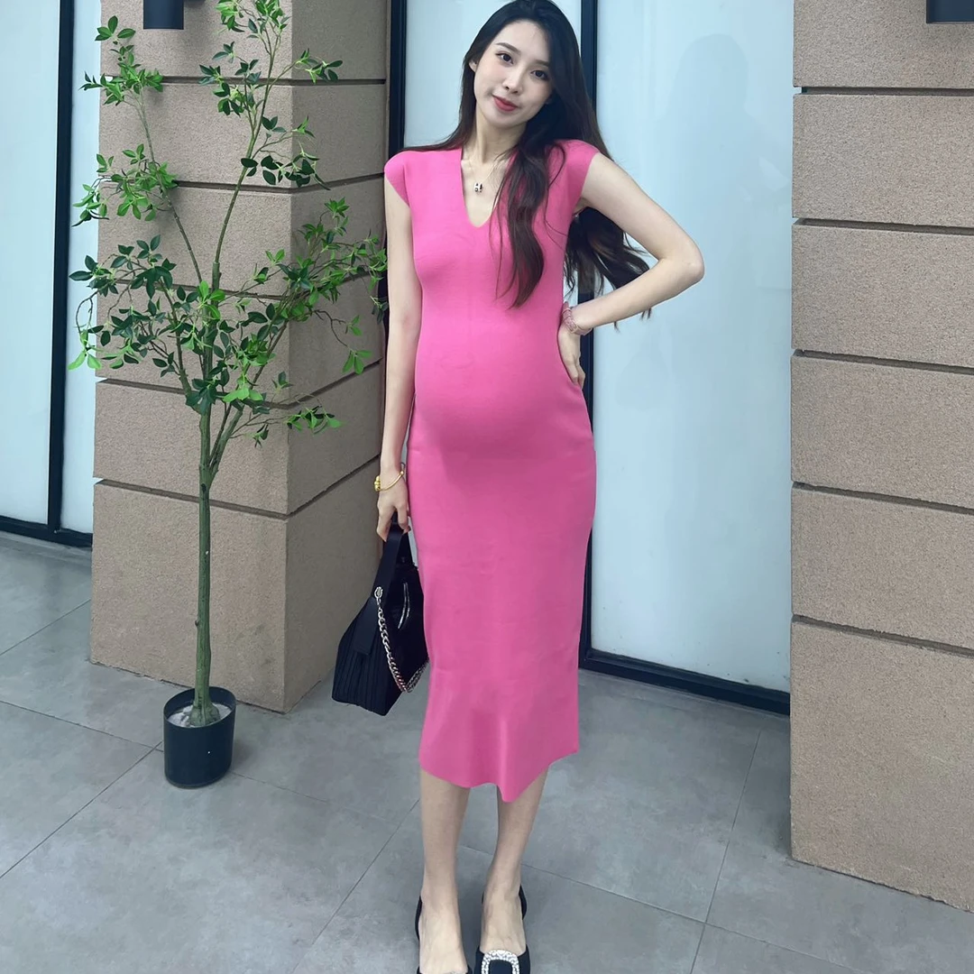 孕妇夏季V领包袖针织连衣裙正肩遮副乳收腰气质显瘦中长款包臀裙