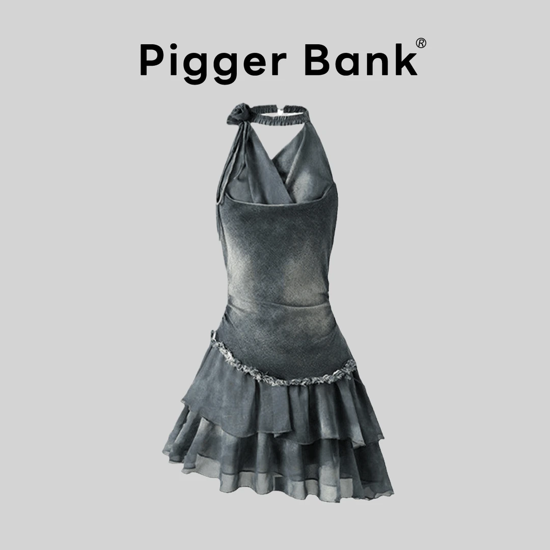 辣妹设计感拼接挂脖连衣裙女2024年夏季ins收腰显瘦露背牛仔短裙