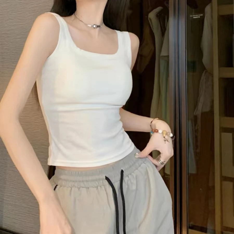 夏季韩版纯色白色女背心打底上衣时尚百搭修身深U美背带胸垫2289