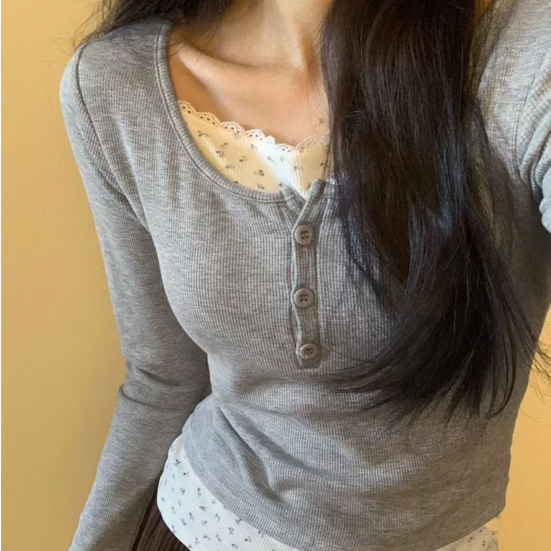 灰色碎花t恤女秋冬假两件高级感打底衫韩系小众修身辣妹内搭上衣