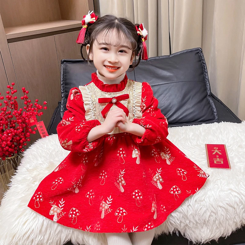 儿童连衣裙冬季女童拜年服国风喜庆洋气小童宝宝加绒加厚年服裙子