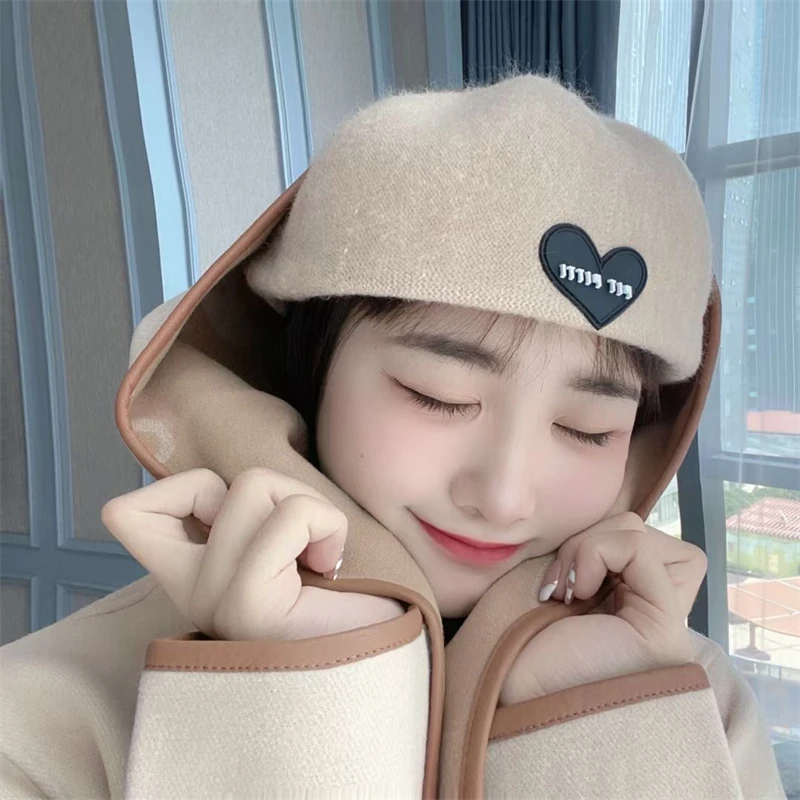 O001贝雷帽女秋冬新款日系甜美显脸小百搭画家帽爱心反戴反戴帽