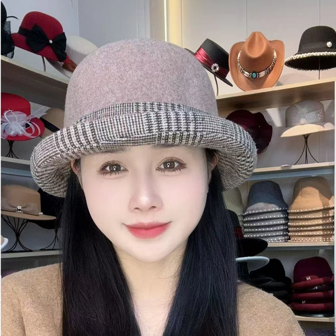 女士帽子中老年人秋冬季千鸟格时尚妈妈优雅气质毛呢卷边礼帽