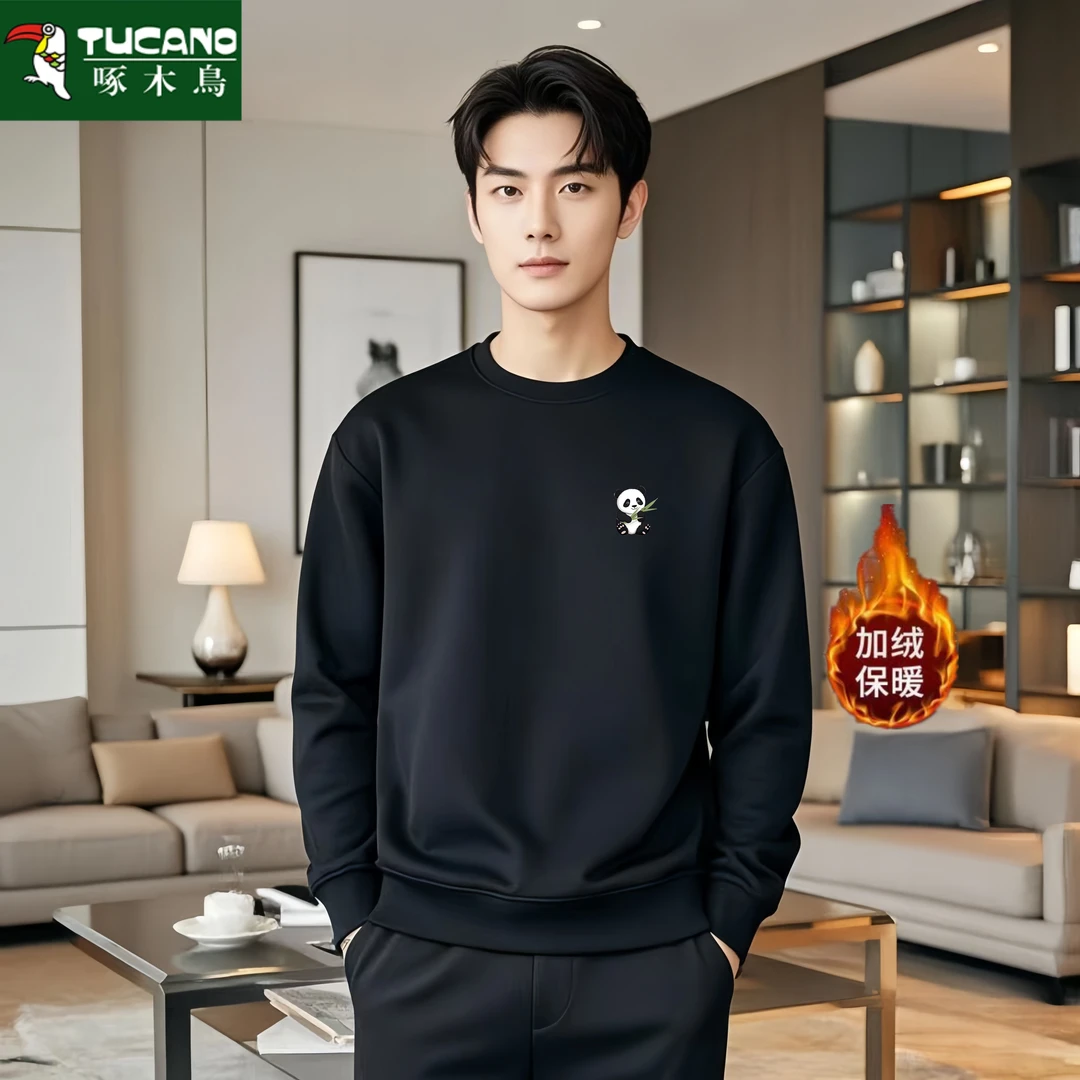 啄木鸟2025新款男士潮流秋冬季套头加厚圆领卫衣休闲保暖宽松上衣
