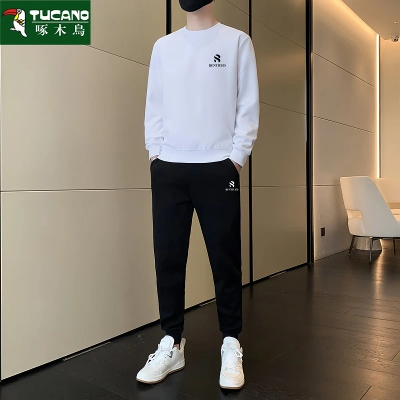 啄木鸟男士秋冬休闲圆领宽松运动套装两件套卫衣加绒加厚百搭男装