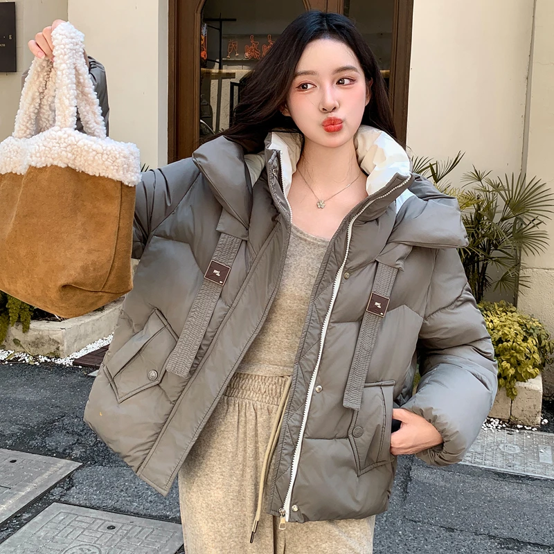 女士冬季加厚短款飘带大口袋立领连帽保暖棉服棉衣822