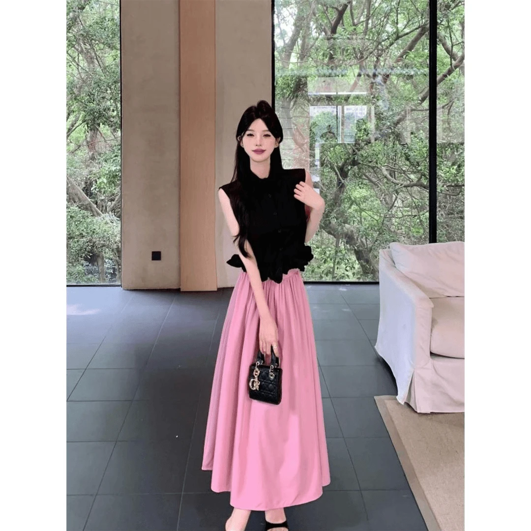 韩系温柔风Polo领无袖衬衫上衣女2024夏季新款高腰A字半身裙伞裙
