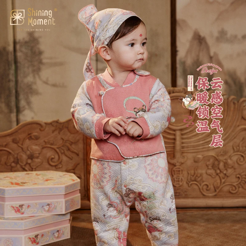 ShiningMoment婴儿秋冬保暖连体衣新生儿中式百日周岁假两件